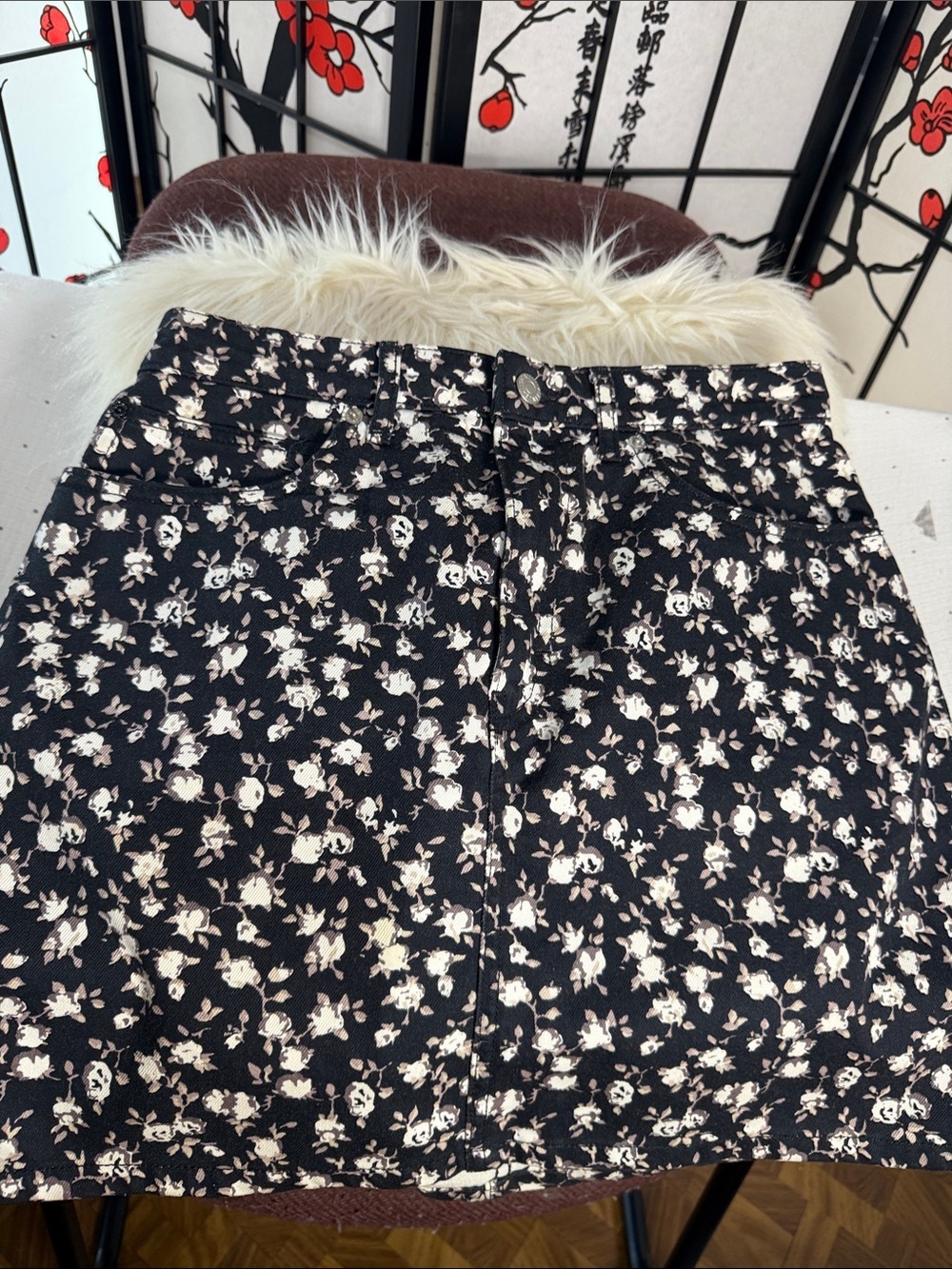 Calvin Klein Jeans Black Mini Skirt with Cream Floral Print